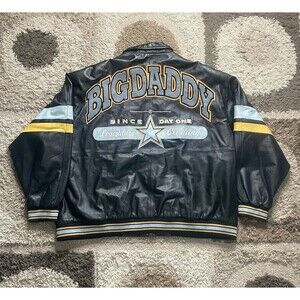 Vintage Big Daddy Legendary Embroidered Leather Jacket ColorBlock Sleeve Men 6XL